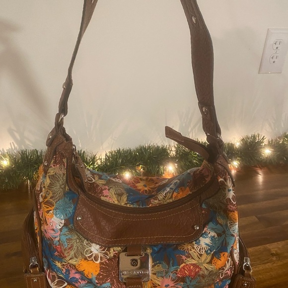 Rosetti Multicolor Floral Purse With Brown Leather Straps and Pocket Trim - Picture 4 of 7